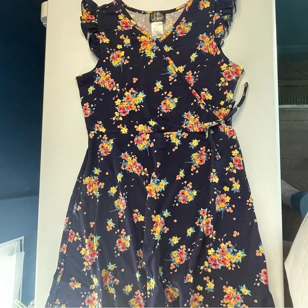 Pink & Violet Girls 10/12 Navy Blue Floral Faux Wrap Dress PRELOVED